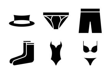 Yaz kıyafetleri için simgeler, mayo, kısa pantolon, erkek ve kadın iç çamaşırı, şapka ve çoraplar. Plaj, tatil veya tatil içeriği için ideal.