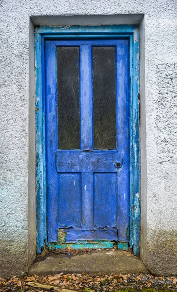 Old rotten front wooden door with blue peeling paint.
