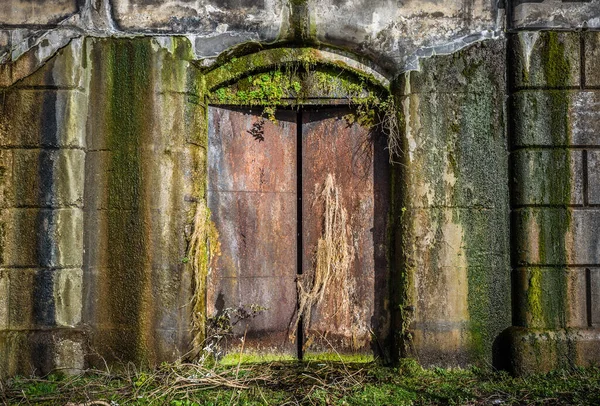 Une Porte Fonte Ancienne Altérée Humide Donnant Accès Huis Clos — Photo