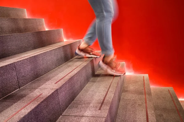 Futuristic Backlit Modern Staircase Female Legs Walking — Stock Photo, Image