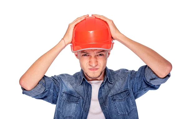 Ouvrier Construction Homme Casque Isolé Sur Fond Blanc — Photo