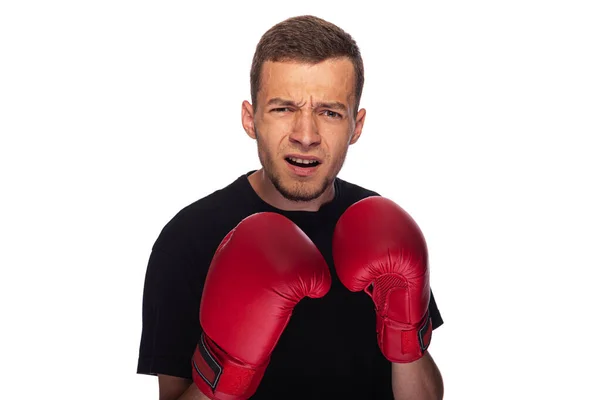 Cowardly Funny Young Man Red Boxing Gloves — Stock Photo, Image