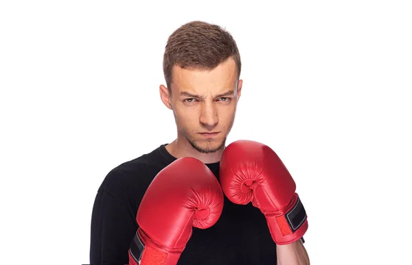 Cowardly Funny Young Man Red Boxing Gloves — Stock Photo, Image