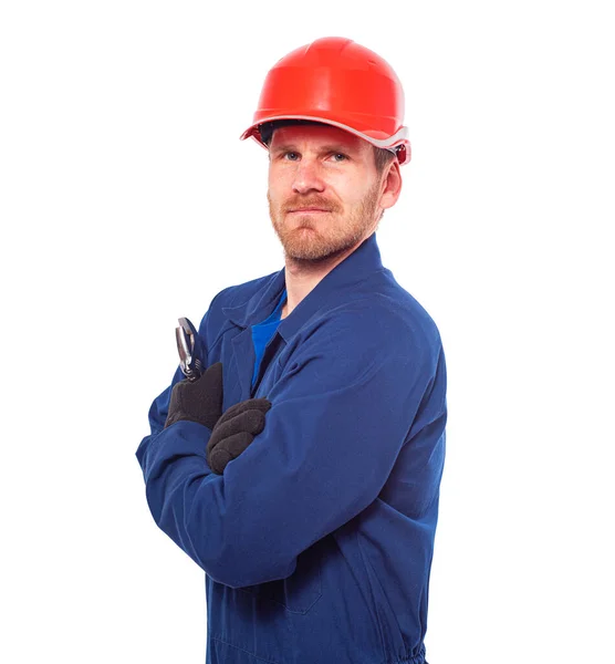 ヘルメットは 白い背景で隔離の建設労働者の男 — ストック写真