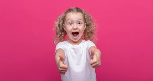 Little Cheerful Girl Pink Background — Stock Photo, Image
