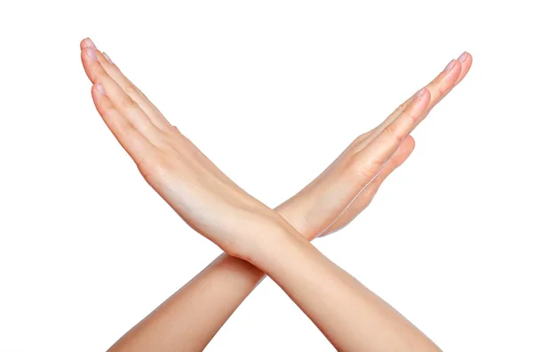 Vrouwelijke Kruising Handen Vormen Een Geïsoleerd Witte Achtergrond — Stockfoto