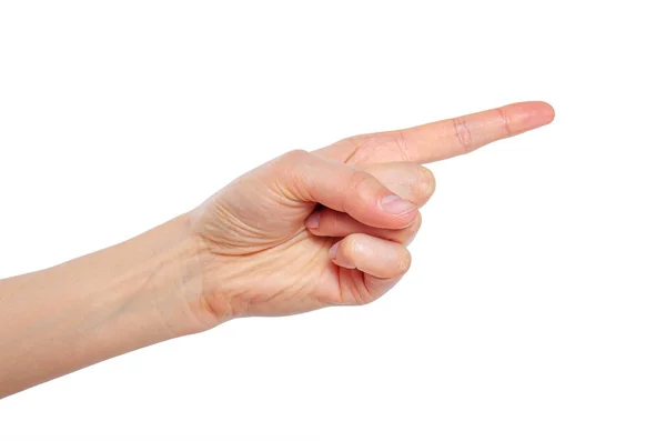 Kvindelige Hånd Peger Finger Isoleret Hvid Baggrund - Stock-foto