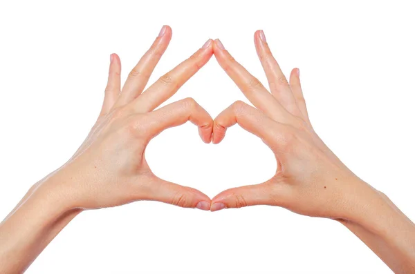 Γυναικεία Χέρια Σχήμα Καρδιάς Απομονωμένα Λευκό Φόντο — Φωτογραφία Αρχείου
