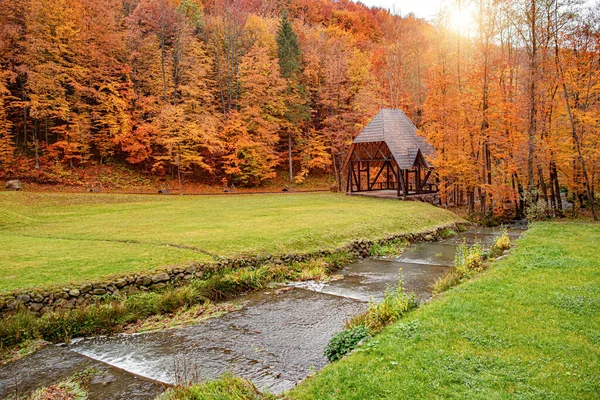 秋の公園の橋や山の川 秋の公園 秋の公園の木々に黄色の葉 — ストック写真