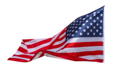 Beyaz arka planda Amerikan bayrağı. Rüzgarda dalgalanan tüm Amerikan bayrağı beyazın üzerinde izole halde. Vatansever kavram.