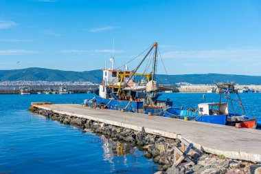 Fishing sea boats on the pier. Bulgaria.