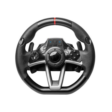 Direksiyon simidi izole edildi. Bilgisayar sürücü simülatörü için yarış tekerleği şeffaf veya beyaz arkaplan üzerinde izole.