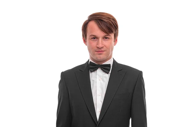 Young Man Tuxedo Bow Tie White Background — Stock Photo, Image