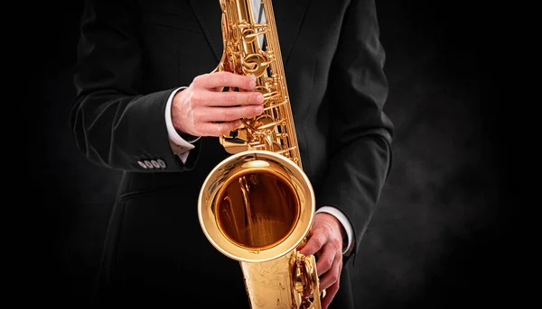 Saxofon Svart Bakgrund Närbild — Stockfoto