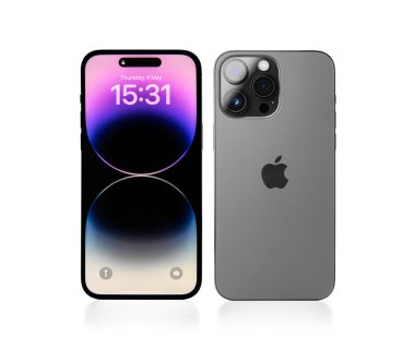 Uzhgorod, Ukrayna - 04 Mayıs 2023: Yeni Apple iPhone 14 Pro Max Space Black 'in beyaz arka planda stüdyo çekimi.