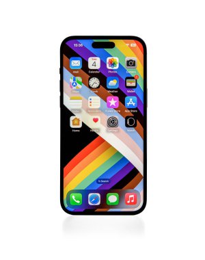 Uzhgorod, Ukrayna - 04 Mayıs 2023: Yeni Apple iPhone 14 Pro Max Space Black 'in beyaz arka planda stüdyo çekimi.