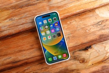 Uzhgorod, Ukrayna - 05 Mayıs 2023: Tahta arka planda Yeni Apple iPhone 14 Pro Max Space Black.