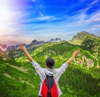 Turist güzel dağların arka planında ellerini kaldırır. Genç bayan gezgin dağlarda.