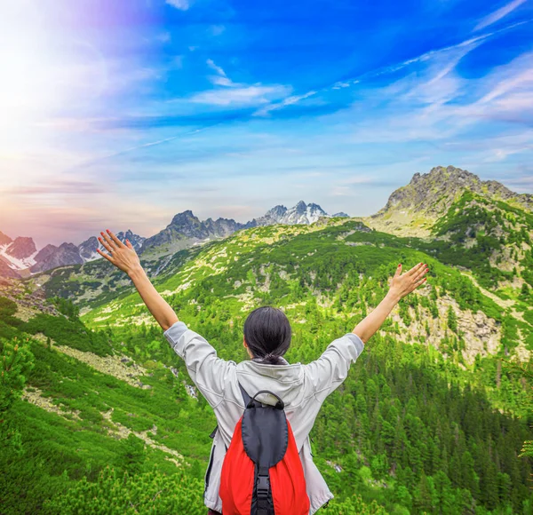 Tourist Raises Her Hands Background Beautiful Mountains Young Woman Traveler — Stock Photo, Image