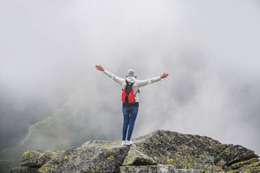 Turist güzel dağların arka planında ellerini kaldırır. Genç bayan gezgin dağlarda.