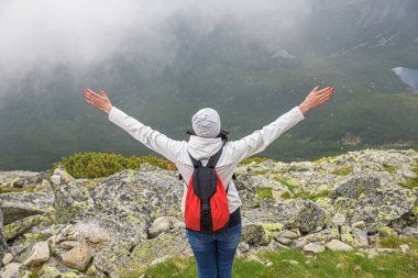 Turist güzel dağların arka planında ellerini kaldırır. Genç bayan gezgin dağlarda.