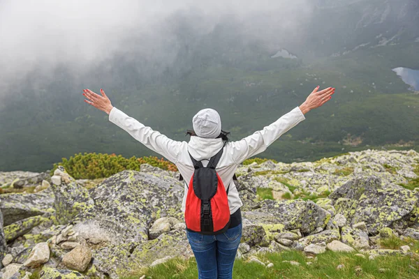 Tourist Raises Her Hands Background Beautiful Mountains Young Woman Traveler — Stock Photo, Image