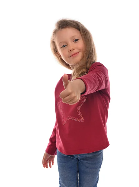 Joyful Little Girl Showing Thumbs White Background — Stock Photo, Image