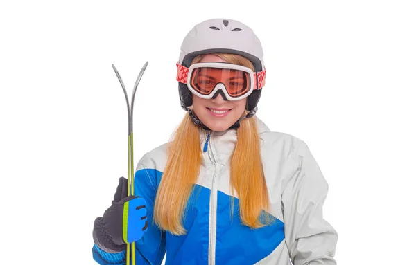 魅力的な女の子のスキーヤーは白い背景に隔離されました — ストック写真