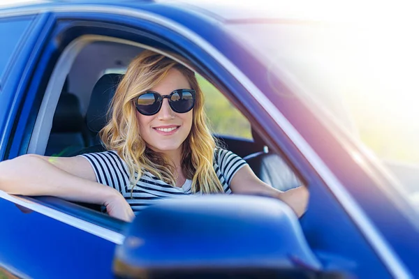 Beautiful Blonde Woman Driving Car Young Woman Car — Stock Photo, Image
