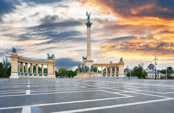 Heroes Square in Budapest, Hungary. Millennium Monument on the Heroes Square.