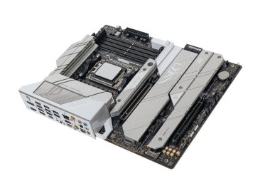 Uzhgorod, Ukrayna - 28 Ağustos 2023: Anakart ASUS ROG Strix X670E Oyun Wi-Fi. Stüdyo çekimi.