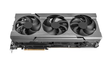 Beyaz arka planda güçlü bir modern video kartı. Üç hayranı olan büyük bir video kartı.