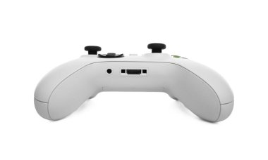 Beyaz kablosuz oyun alanı kumandası beyaz arka planda izole edilmiş joystick.