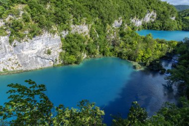 Ormanlar ve dağlar arasında resim gibi göller. Plitvice Gölleri, Hırvatistan.