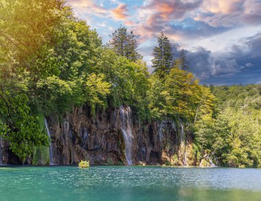 Resimli şelale. Kayaların ve ormanın arasında şelale. Plitvice Gölleri, Hırvatistan.