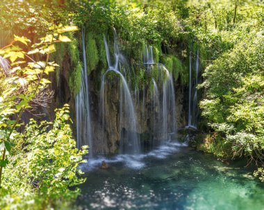 Resimli şelale. Kayaların ve ormanın arasında şelale. Plitvice Gölleri, Hırvatistan.