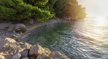 Adriyatik kıyısında sahil ve tekneler. Primosten, Hırvatistan.