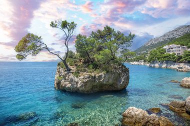 Adriyatik kıyısında sahil ve tekneler. Brela. Hırvatistan.