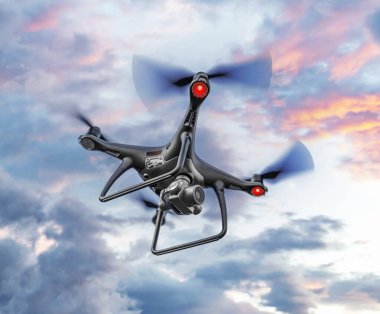 Kameralı, gökyüzünde uçan siyah, modern bir dron..