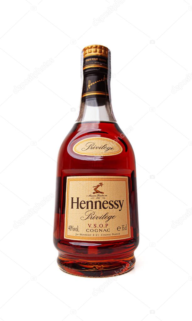 Uzhgorod, Ukraine - October 08, 2020: Hennessy cognac bottle on a white background.