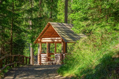 Resimli bir dağ gölünün kıyısındaki kütüklerden yapılmış ahşap bir çardak..