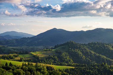 Yazın Karpatlar 'ın resimli dağları. Drone fotoğrafı.