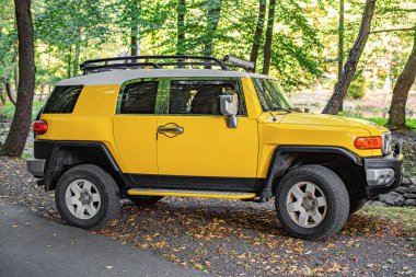 Turia Remety, Ukrayna - 14 Eylül 2019: Sarı Toyota FJ Kruvazörü ağaçların arkasına park etti.