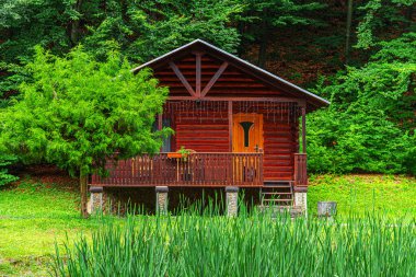 Yazın yeşil ormandaki ahşap ev.