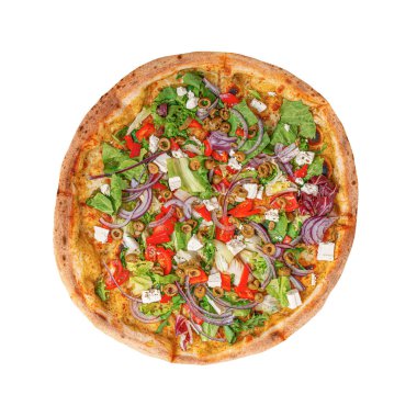 Taze, renkli malzemeli yuvarlak sebze pizzası..