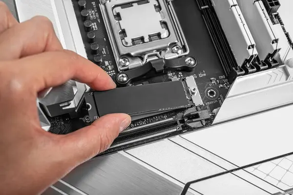 Bir kişi modern bir ana kart soketine bir M2 NVME SSD yüklüyor, bilgisayar donanımı montajı devam ediyor.