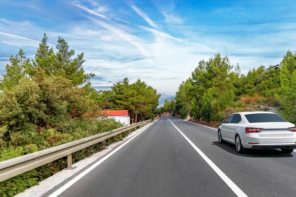 Beyaz bir sedan, bulutlarla kaplı parlak bir gökyüzünün altında manzaralı huzurlu bir orman yolunda ilerliyor..