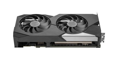 Oyun ve profesyonel masaüstü bilgisayarları için tasarlanmış, beyaz arkaplanda izole edilmiş yüksek performanslı siyah çift pervaneli grafik kartı.