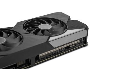 Oyun ve profesyonel masaüstü bilgisayarları için tasarlanmış, beyaz arkaplanda izole edilmiş yüksek performanslı siyah çift pervaneli grafik kartı.