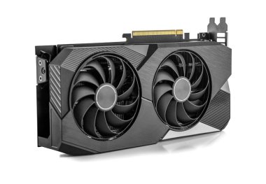 Oyun ve profesyonel masaüstü bilgisayarları için tasarlanmış, beyaz arkaplanda izole edilmiş yüksek performanslı siyah çift pervaneli grafik kartı.